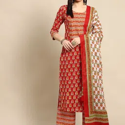 anayna Women Red Ethnic Motifs Printed Pure Cotton Kurta with Trousers & Dupatta-image-40