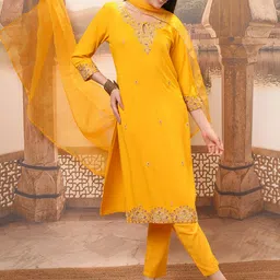 Vishudh Mustard Yellow Embroidered Regular Kurta with Trouser & Dupatta-52