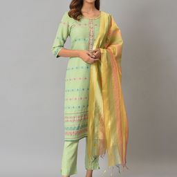 Aurelia Women Green Geometric Print Rayon Kurta Set with Trousers & Dupatta-picture-18