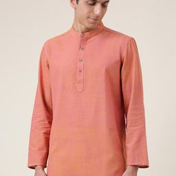 Fabindia Men Coral Solid Mandarin Collar Cotton Short Kurta-40
