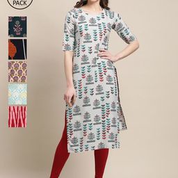 KALINI Women Pack of 6 Ethnic Motifs Printed Summer Sheers Crepe Kurta-image-100