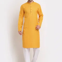 KRAFT INDIA Men Mustard Yellow Checked Dobby Pure Cotton Kurta-image-98