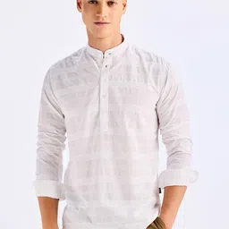 Red Flame Striped Mandarin Collar Long Sleeves Cotton Dobby Weave Straight Kurta-image-70