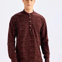 Red Flame Mandarin Collar Long Sleeves Cotton Dobby Kurta-image-98