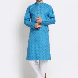 KRAFT INDIA Men Blue Geometric Thread Work Dobby Kurta-picture-5
