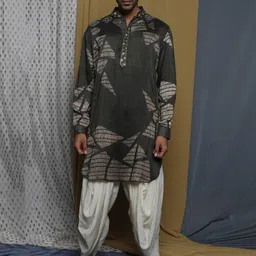 Krishna Mehta Abstract Printed Aari Work Mandarin Collar Long Sleeves Straight Silk Kurta-10