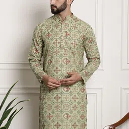 SOJANYA Men Green & White Ethnic Motifs Printed  Cotton Linen Kurta-14