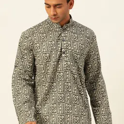 JAVINISHKA Geometric Printed Mandarin Collar Cotton Linen Short Kurta-image-86