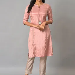 AURELIA Tie-Up Neck Thread Work Straight Kurta-image-48