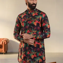 QB MEN Leopard Midnight Floral Embroidered Band Collar Silk Kurta-image-24