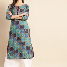 RANGMAYEE Women Blue & Green Bandhani Printed Indie Prints Liva Kurta-image-45