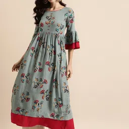 all about you Teal Green Floral Printed Round Neck Bell Sleeves A-Line Kurta-picture-49