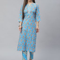 Indibelle Floral Printed Straight Regular Fit Cotton Kurta-image-80