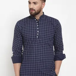 KLOTTHE Men Navy Blue Checked Straight Kurta-picture-16