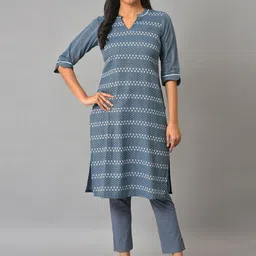 AURELIA Band Collar Floral Printed Cotton Kurta-12