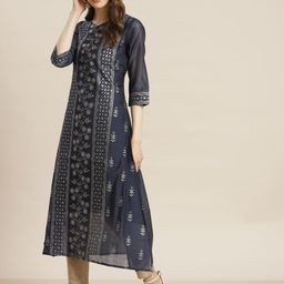 Juniper Women Navy Blue & Golden Ethnic Motifs Printed Keyhole Neck Kurta-image-89
