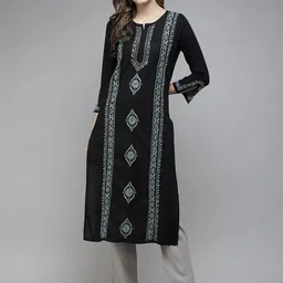 ADA Women Black & Grey Ethnic Motifs Embroidered Chikankari Handloom Handloom Kurta-picture-6