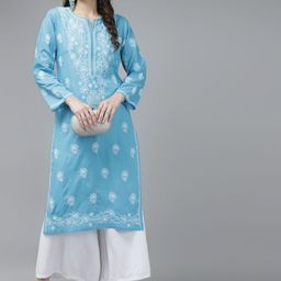 ADA Women Blue & White Ethnic Motifs Cotton Chikankari Kurta-picture-27