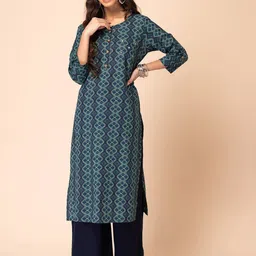 INDYA Geometric Printed Pure Cotton Round Neck Straight Kurta-image-33