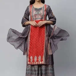 Aurelia Women LIVA Grey Placement Printed Kurta with Culottes and Dupatta-picture-15