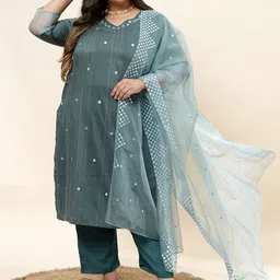 Sringam V-Neck Ethnic Motifs Embroidered Regular Mirror Work Kurta Set-picture-41