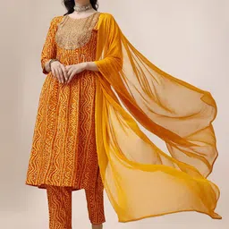 Berrylicious Bandhani Printed Thread Work Pleated A-Line Kurta & Trousers with Dupatta-0