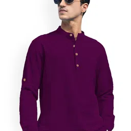 univibe Band Collar Roll-Up Sleeves Pure Cotton Slim Fit Straight Short Kurta-image-76
