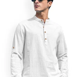 univibe Band Collar Roll-Up Sleeves Pure Cotton Slim Fit Straight Short Kurta-image-62