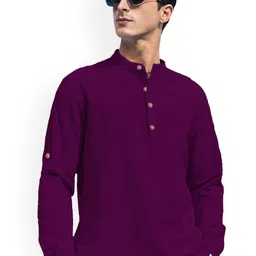 univibe Band Collar Roll-Up Sleeves Pure Cotton Slim Fit Straight Short Kurta-image-37