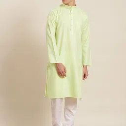 SOJANYA Men Lime Green Solid Cotton Linen Straight Kurta-image-14