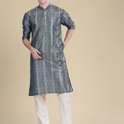 Anouk Grey Striped Mandarin Collar Straight Kurta-image-97