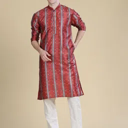 Anouk Maroon Striped Mandarin Collar Straight Kurta-picture-58
