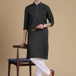 Anouk Striped Mandarin Collar Long Sleeves Thread Work Cotton Straight Kurta-image-78