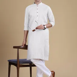Anouk Striped Embroidery Mandarin Collar Cotton Straight Kurta-image-74
