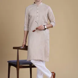 Anouk Cream-Coloured Striped Mandarin Collar Long Sleeves Cotton Straight Kurta-picture-3