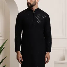 SOJANYA Geometric Embroidered Mandarin Collar Sequined Pure Cotton Straight Kurta-image-44