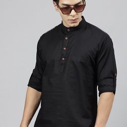 Hancock Self Design Band Collar Roll Up Sleeves Pure Cotton Short Kurta-picture-56