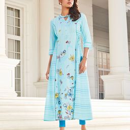 AURELIA Women Blue Floral Printed Keyhole Neck Thread Work Kurta-image-89