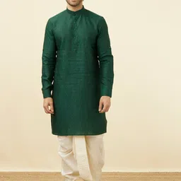 Manyavar Woven Design Mandarin Collar Linen Kurta-picture-44