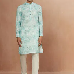 Manyavar Men Green Blended Viscose Printed Kurta-image-25
