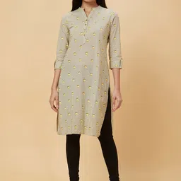 Globus Women Off White Striped Mandarin Collar Roll-Up Sleeves Pure Cotton Straight Kurta-image-61