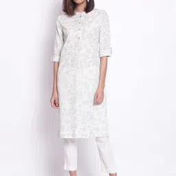 W Women White Ethnic Motifs Printed Thread Work Kurta-image-79