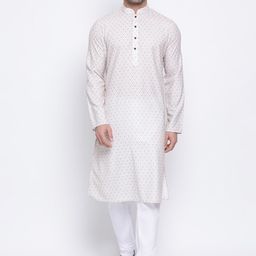 NAMASKAR Men Off White Cotton Linen Printed Kurta-picture-32