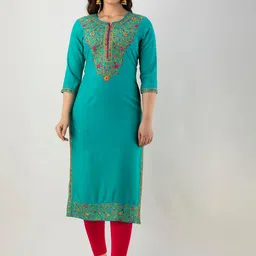 FASHION DEPTH Women Blue Floral Yoke Design Thread Work Kurta-picture-19