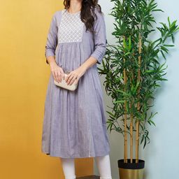 Globus Striped Thread Work Detail Panelled A-Line Kurta-18
