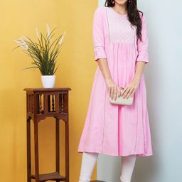 Globus Pink Striped Mirror Work A-Line Pleated Kurta-22