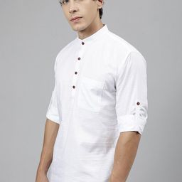 Hancock Checked Band Collar Roll Up Sleeves Pure Cotton Short Kurta-26