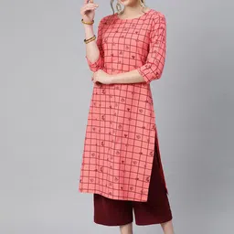 KALINI Checked Roll-Up Sleeves Straight Kurta-image-24