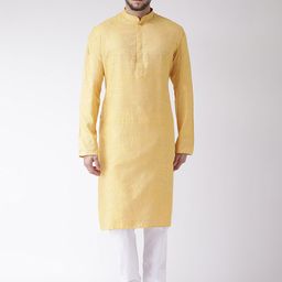 TABARD Men Yellow Woven Design Silk Blend Kurta-image-83