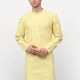 Jompers Men Yellow & White Ethnic Embroidered Thread Work Kurta-image-78
